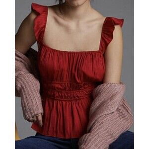 Anthropologie Women's Tiered Ruffled Tank Top Red Stretch Smocked Size Large